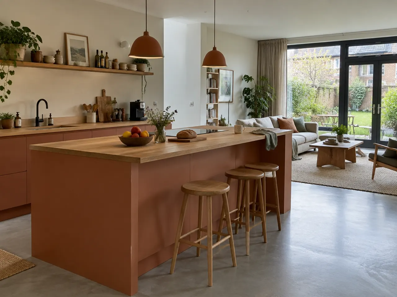 Sfeerbeeld: open woonkeuken met kookeiland in kleitint, eikenhouten blad en barkrukken